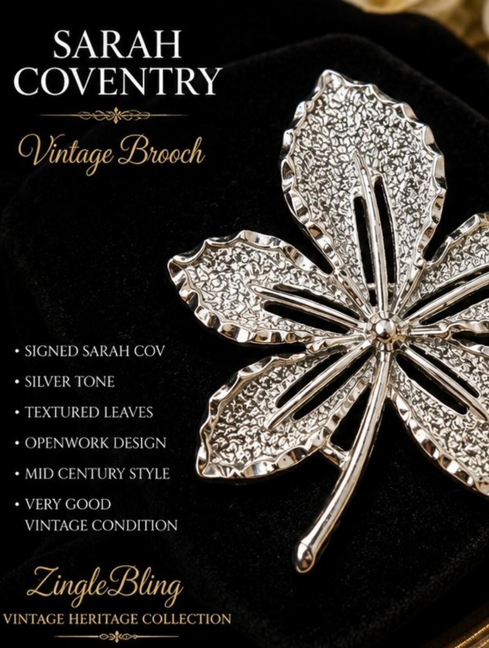 Sarah Coventry 60's Vintage Silver Tone Textured Leaf Brooch Signed Sarah Cov